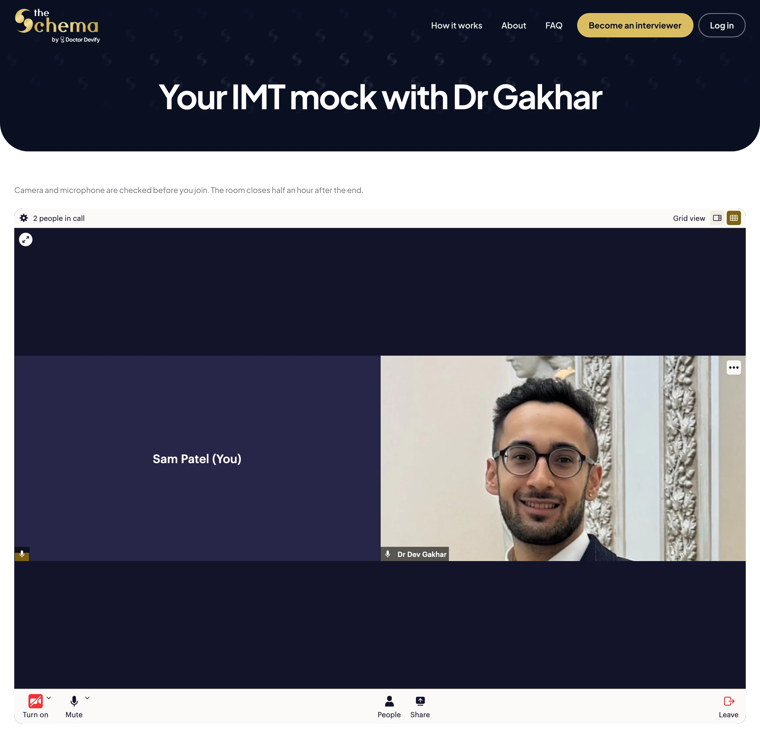 A mock interview call on The Schema: the candidate and the interviewer side by side