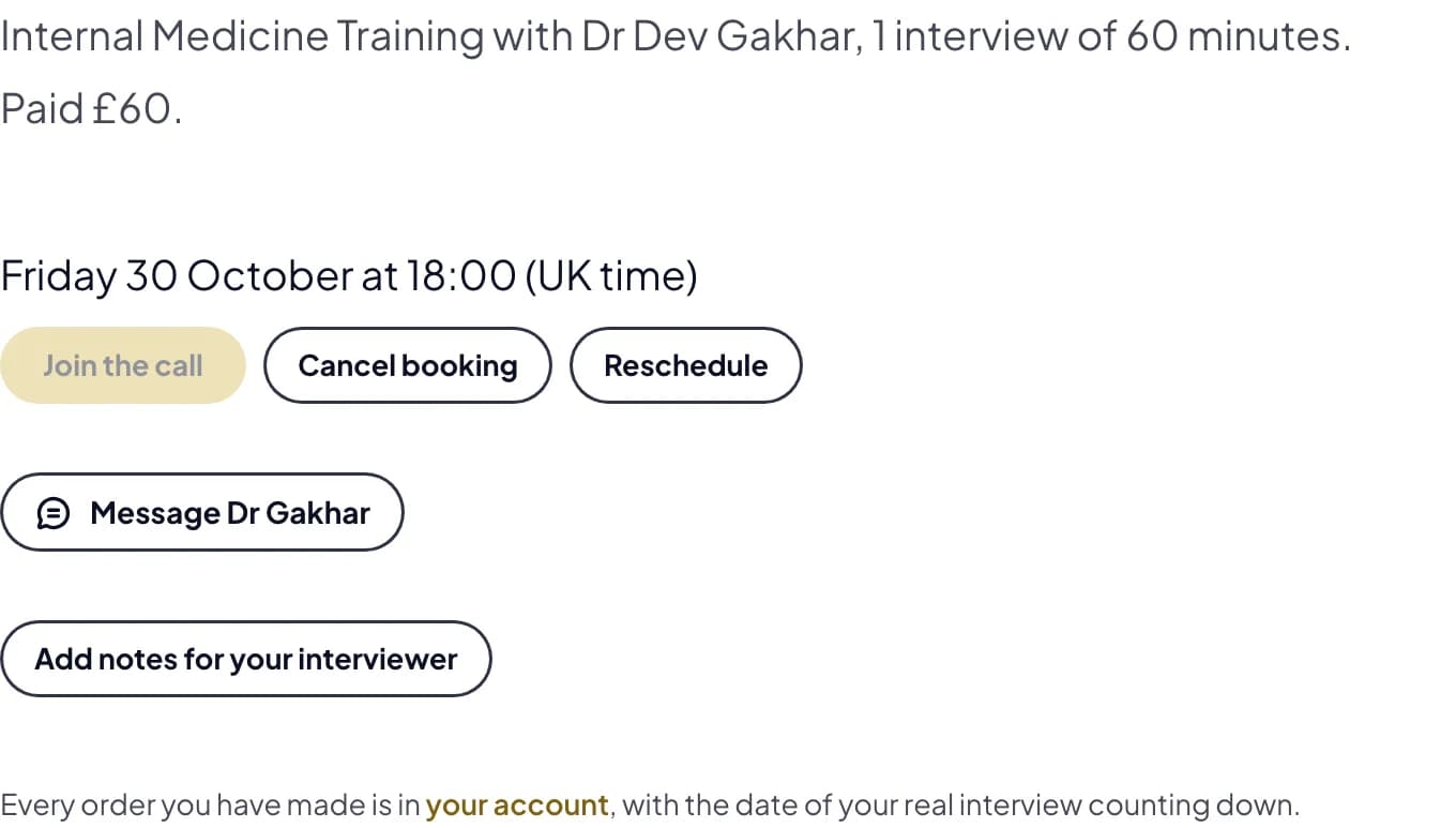 A booking: its time, with Join the call, Cancel booking and Reschedule, and a button to message the interviewer