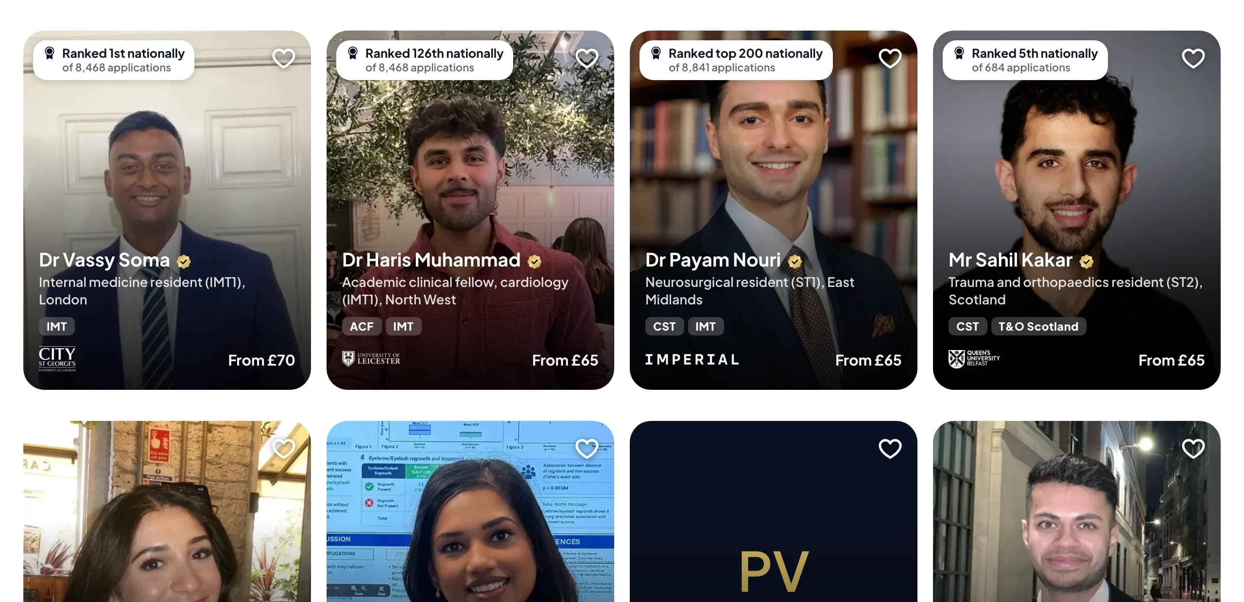 Interviewers on The Schema's front page, each with a photo, their grade and their price