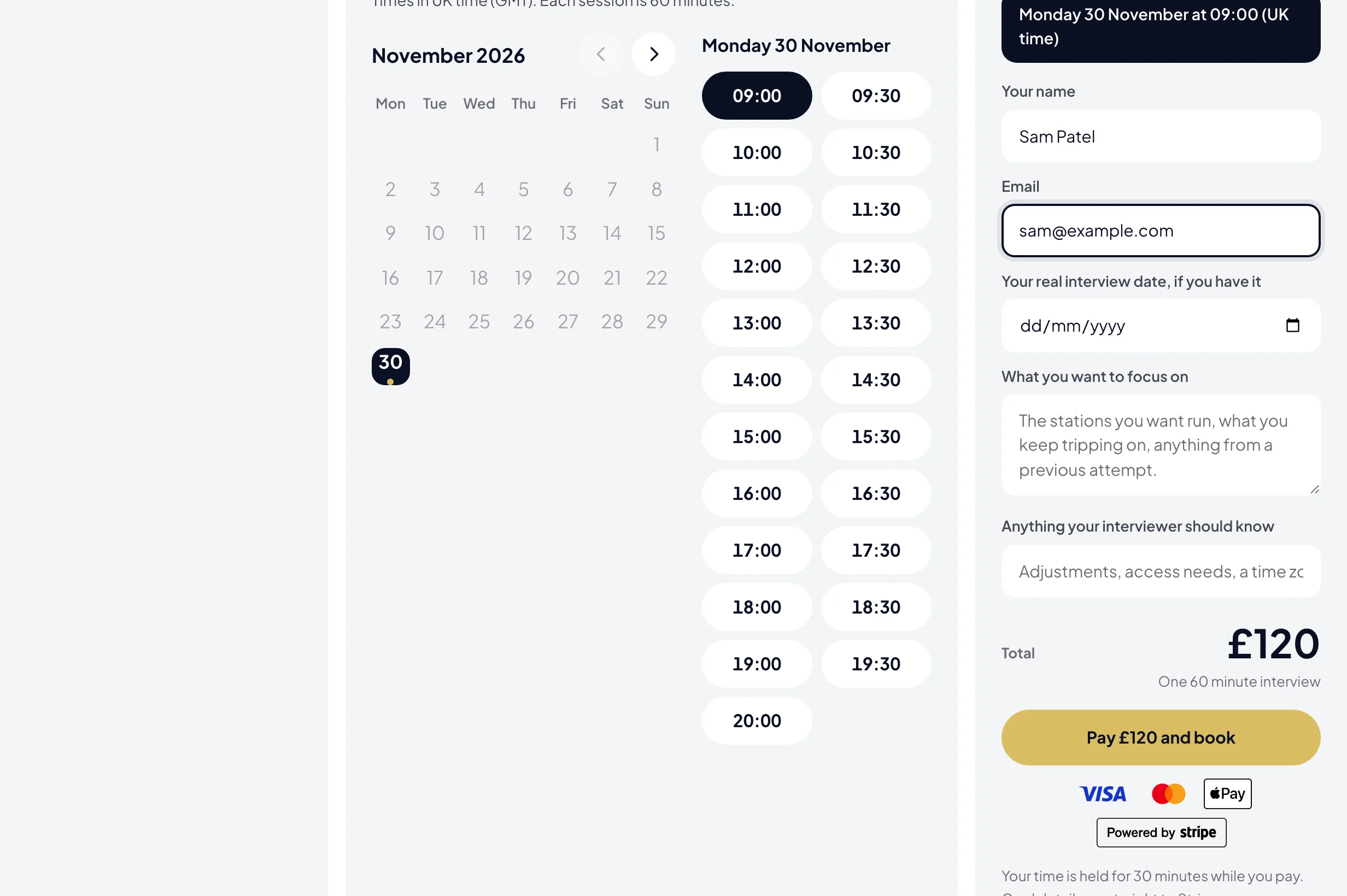A time picked, the details typed in, and the button to pay, with the card marks and Powered by Stripe